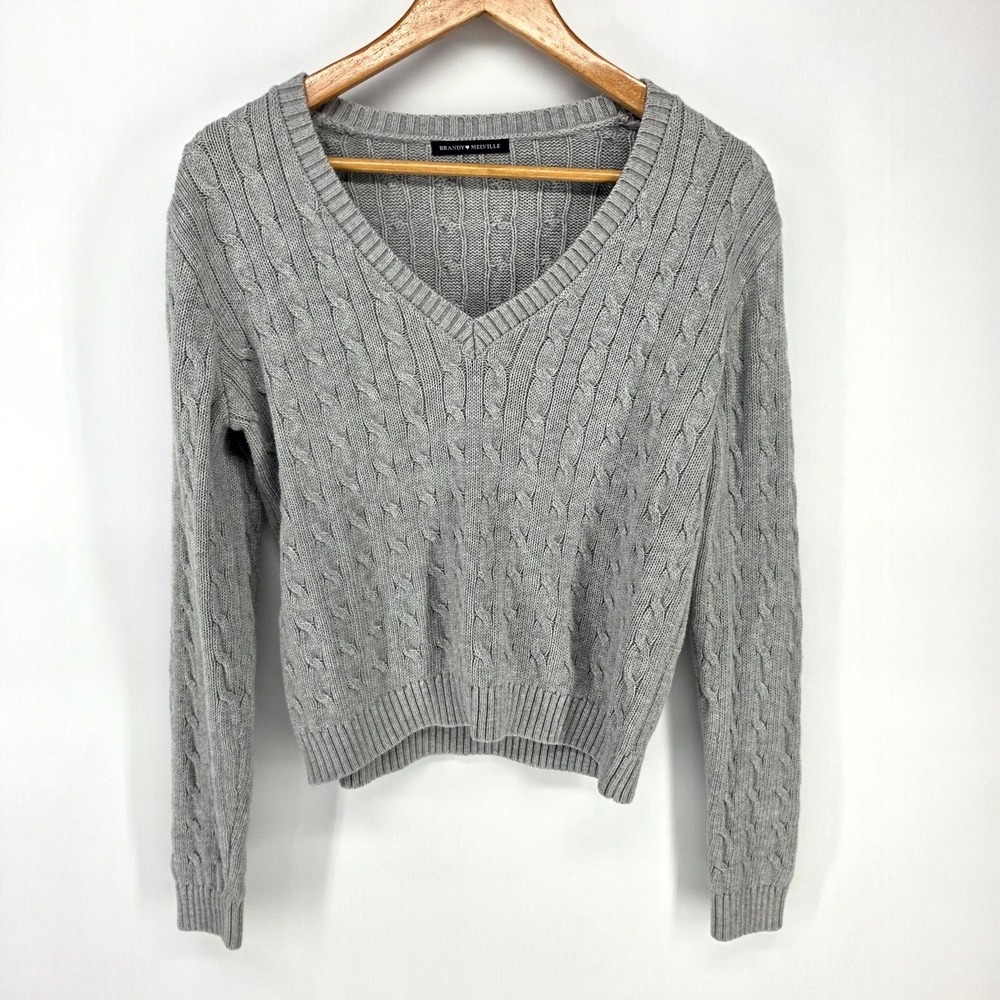 Brandy Melville Sweater Womens One Size Gray Cable Knit V-Neck Brianna Pullover
